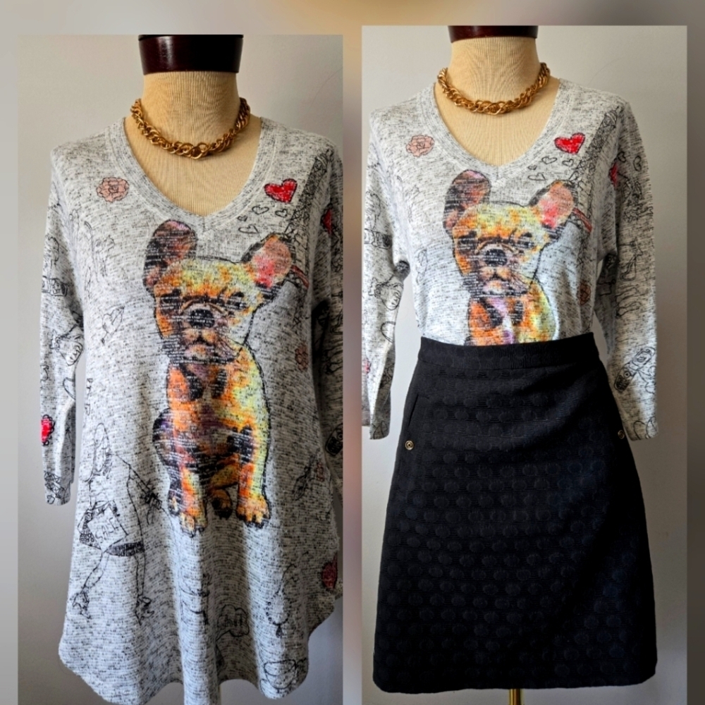 INOAH Soft Grey Puppy Long Sleeve Print Shirt. Size Small